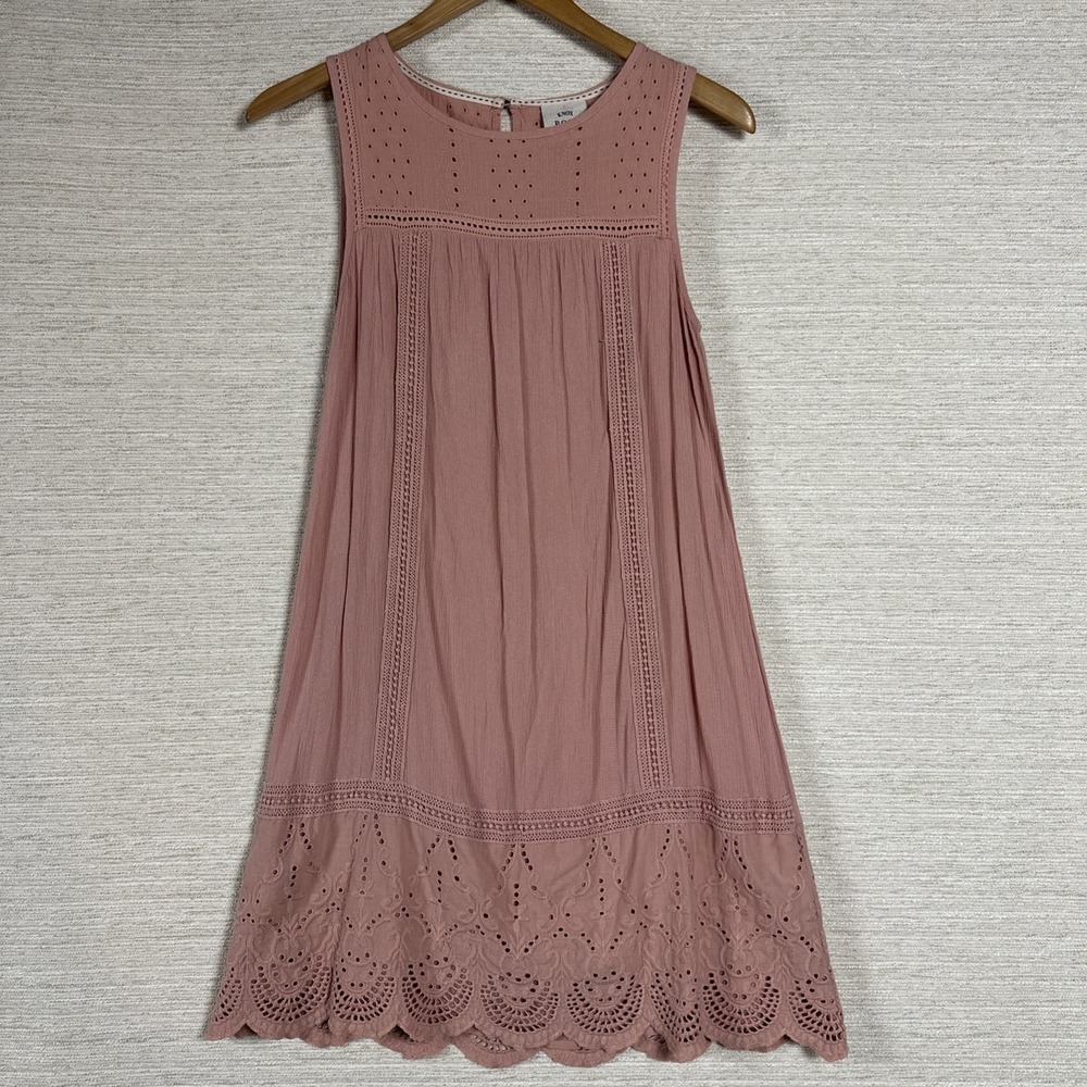Boho Cottagecore Eyelet Mini Dress Pink Sleeveless Babydoll Peasant Dress XS